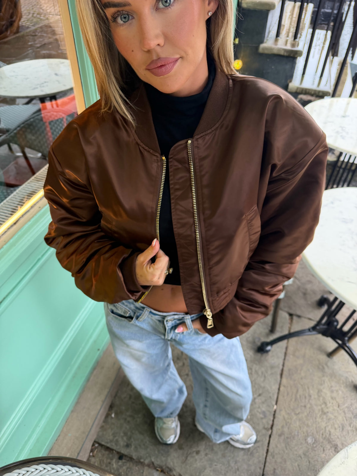 GISELLE SATIN BOMBER - CHOCOLATE